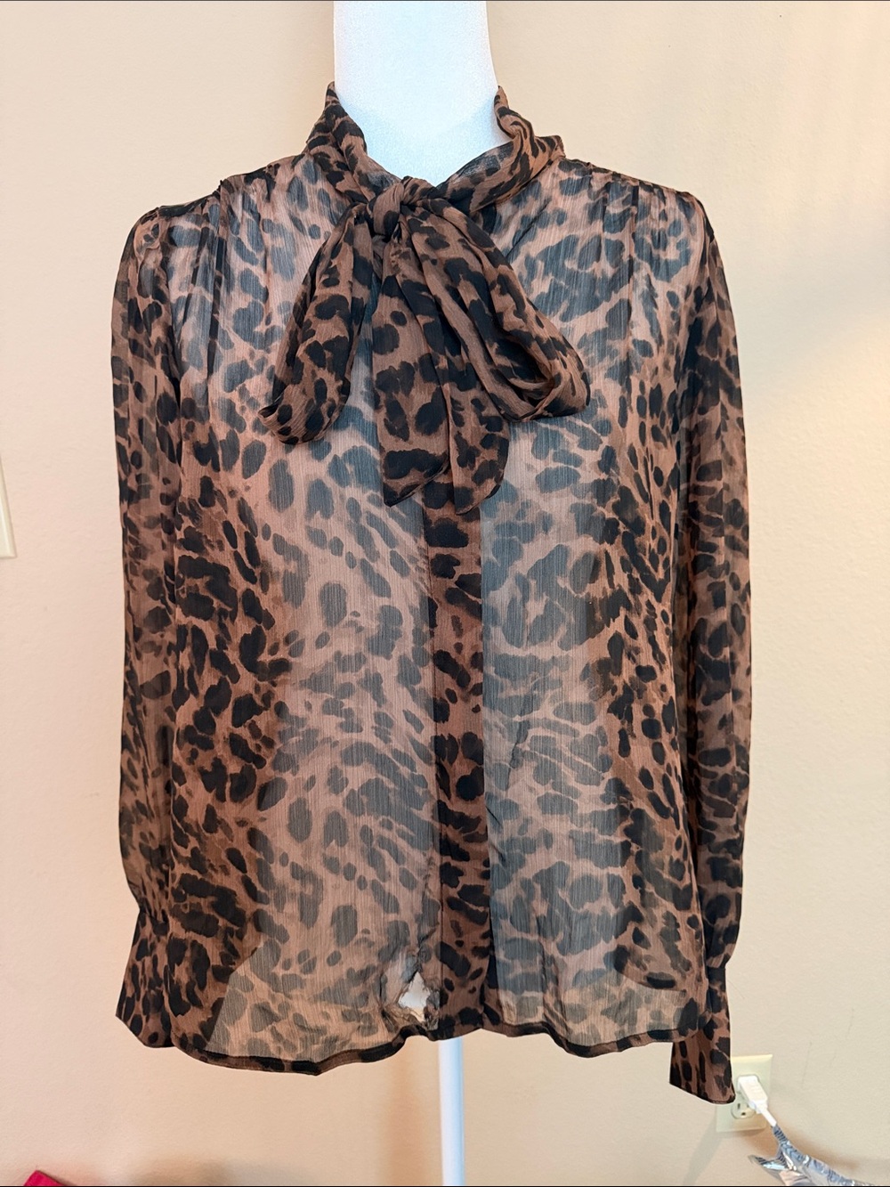 Old Navy Brown and Black Leopard Tie-Neck Blouse